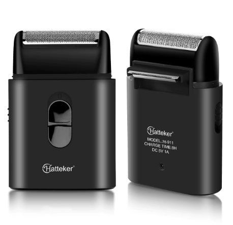 Rasoir électrique Hatteker petit format, rechargeable par USB, puissant et au style rétro.