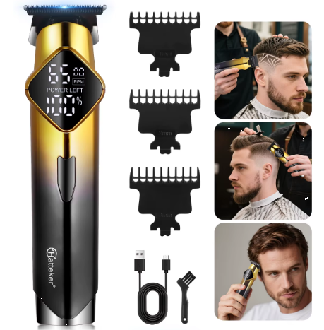 Tondeuse à cheveux électrique Hatteker HT-6132 avec affichage numérique et chargement USB, idéale pour les salons de coiffure.