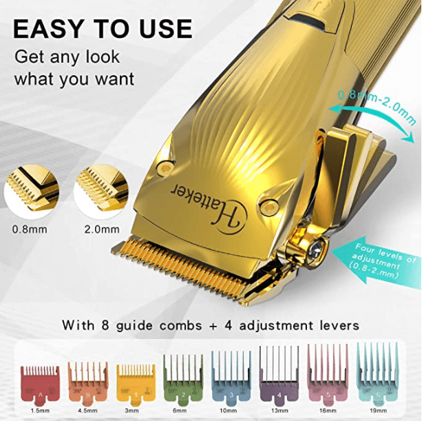 Hatteker Hair Clipper for Men Professional Cutting Kit Barber Beard Trimmer with 8 Colorful Combs USB Rechargeable (Gold) - HATTEKER