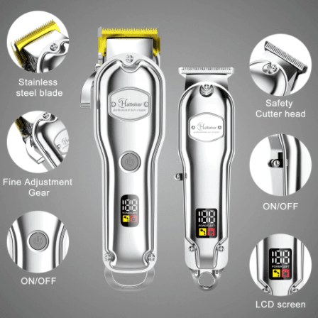 Hatteker Set Hair Clipper Professional Cutter Set Metal Electric Cordless Hair Trimmer LCD Display Hairdressing - HATTEKER