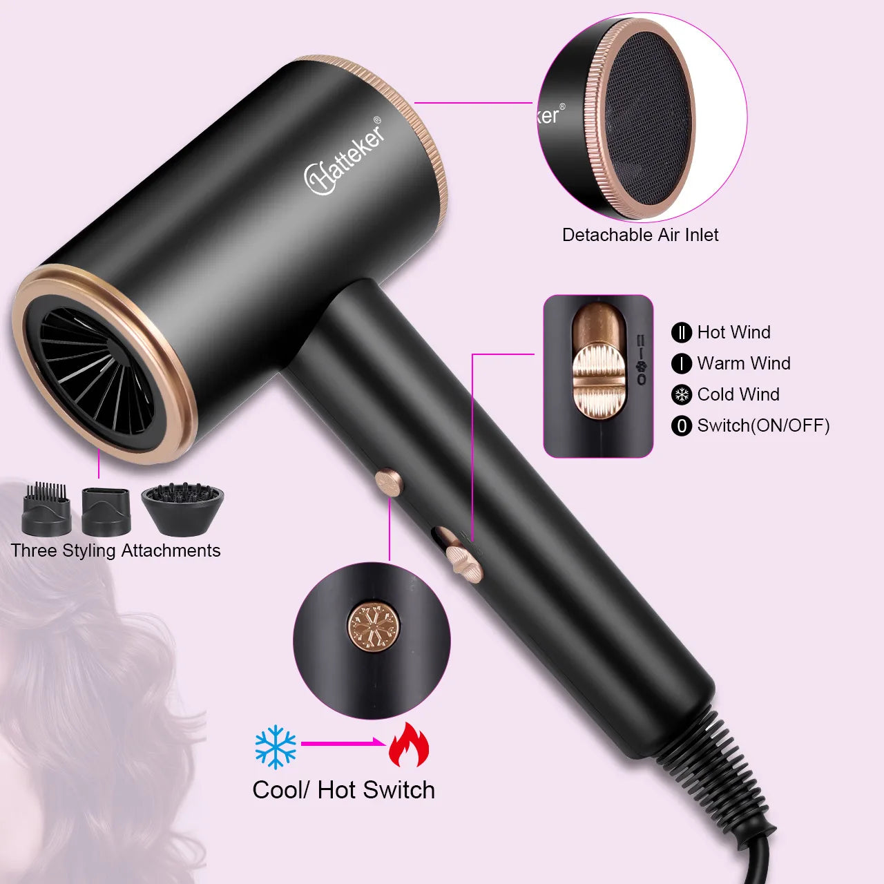 Sèche-cheveux Hatteker Black à ions négatifs, réglage multi-étapes, puissant