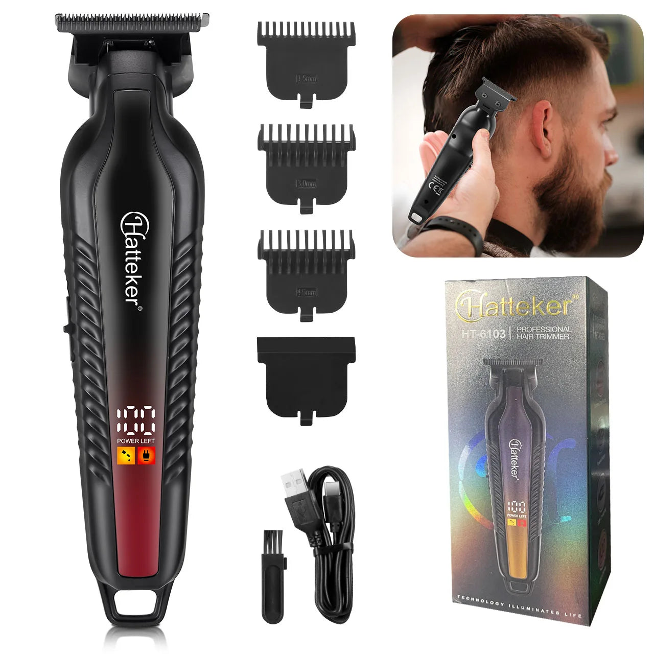Kit de coupe de barbe professionnel Hatteker pour barbiers, tondeuse à cheveux sans fil rechargeable par USB