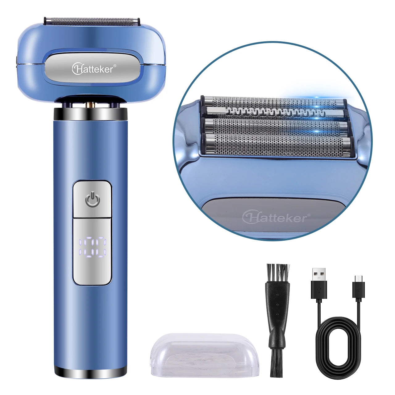 Rasoir électrique rechargeable HATTEKER HT-928 pour hommes, utilisable sur peau sèche ou humide, sans fil, avec lames flottantes et écran LED.