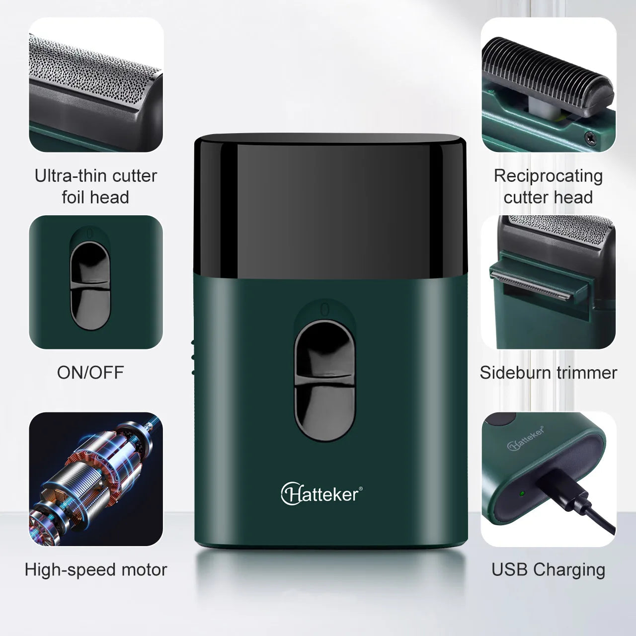 Rasoir électrique Hatteker petit format, rechargeable par USB, puissant et au style rétro.