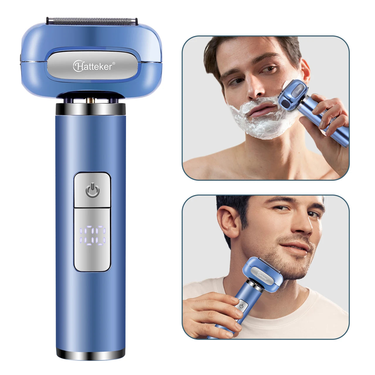 Rasoir électrique rechargeable HATTEKER HT-928 pour hommes, utilisable sur peau sèche ou humide, sans fil, avec lames flottantes et écran LED.