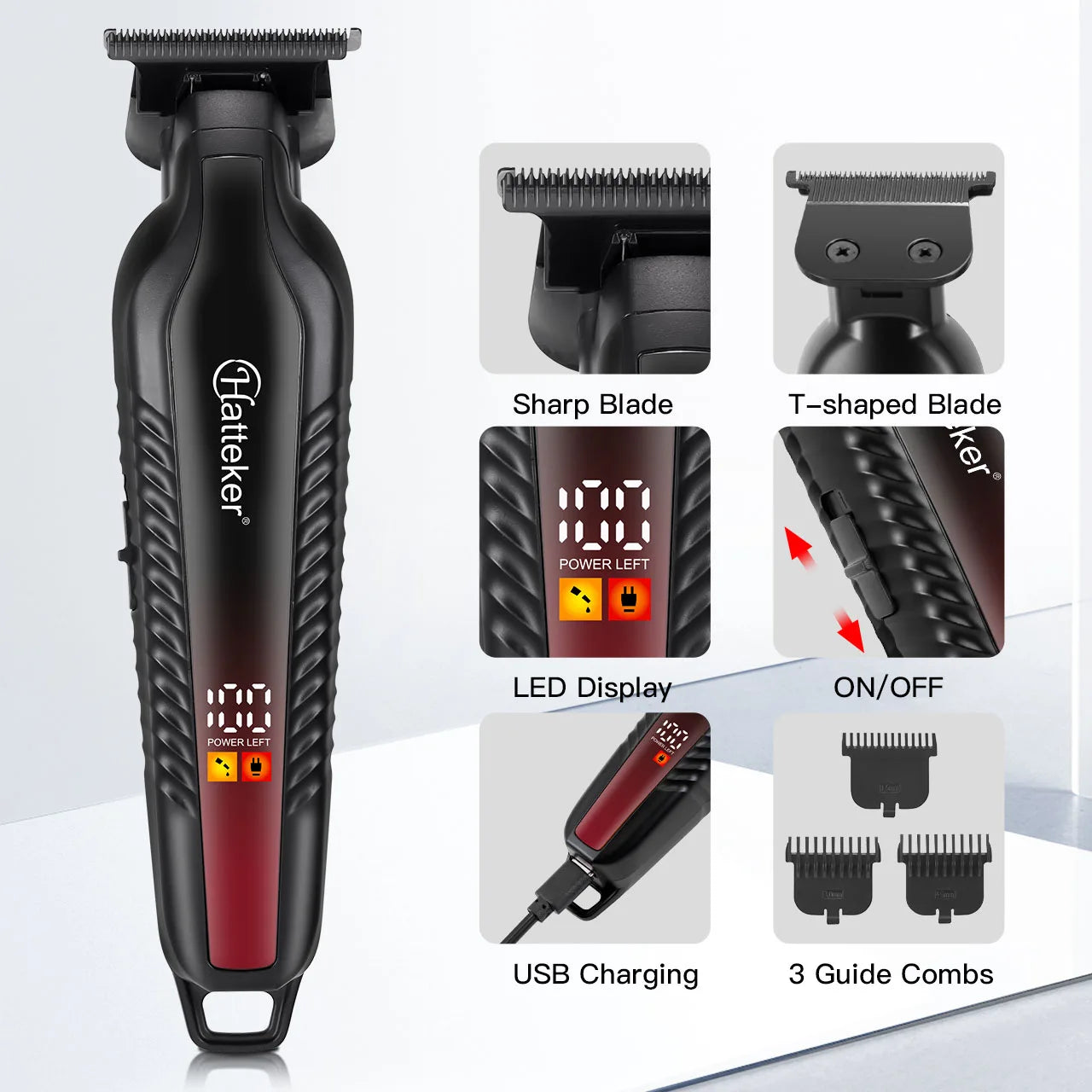 Kit de coupe de barbe professionnel Hatteker pour barbiers, tondeuse à cheveux sans fil rechargeable par USB