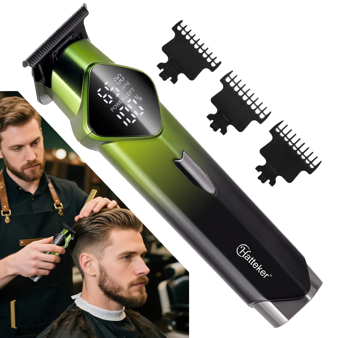 Tondeuse à cheveux électrique Hatteker HT-6132 avec affichage numérique et chargement USB, idéale pour les salons de coiffure.