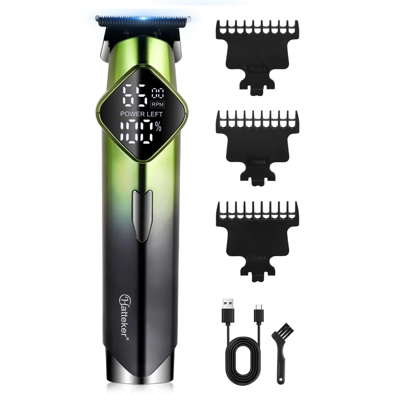 Tondeuse à cheveux électrique Hatteker HT-6132 avec affichage numérique et chargement USB, idéale pour les salons de coiffure.