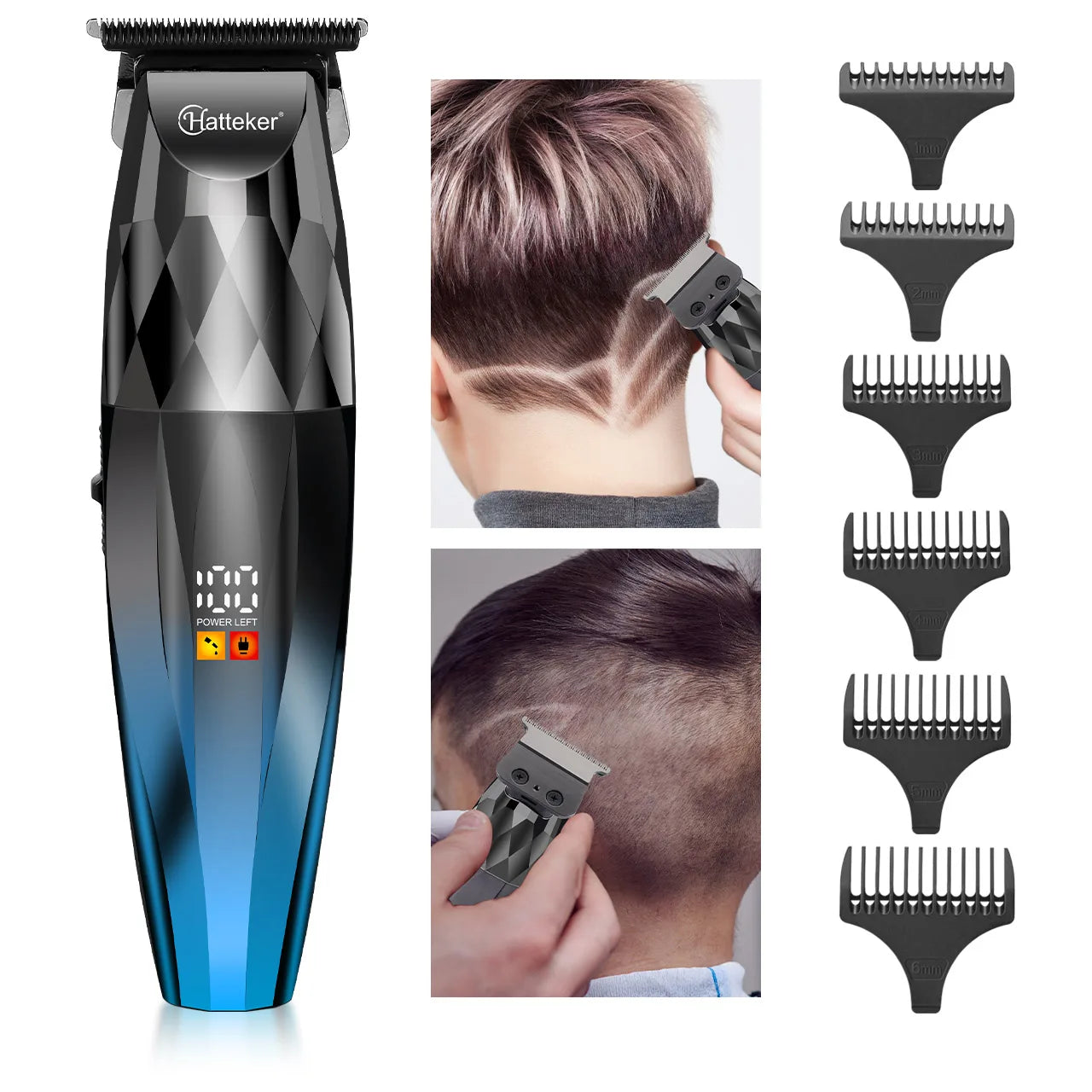 Tondeuse à cheveux électrique professionnelle sans fil Hatteker HT-6126 avec fonction barbe et styler, affichage numérique LED, pour hommes