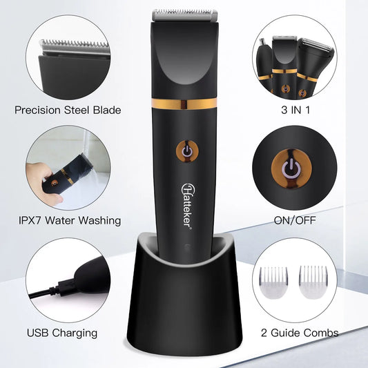 Rasoir électrique sans fil Hatteker pour hommes, étanche, 3 en 1, tondeuse nez/poils, USB, tondeuse à cheveux