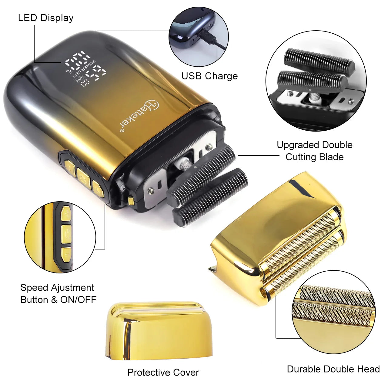 Rasoir électrique à grille double couche rotatif et rechargeable USB Hatteker pour crânes chauves - Rasoir électrique pour hommes