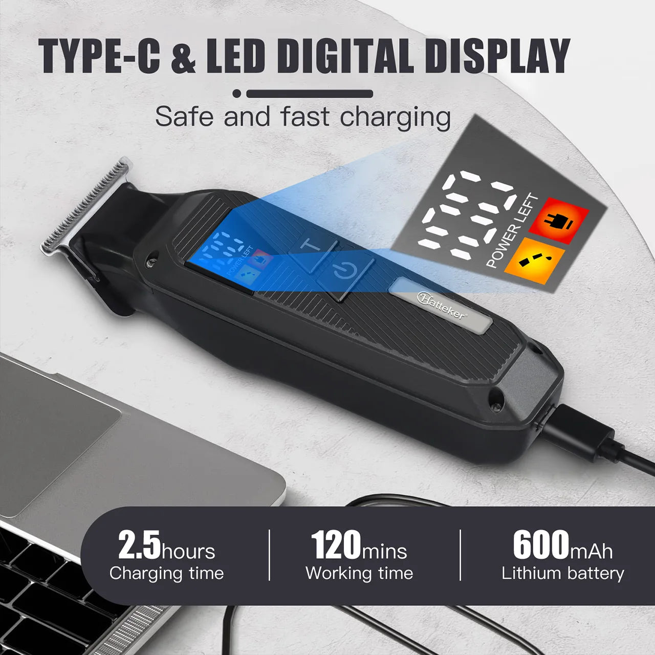 Tondeuse à cheveux électrique professionnelle Hatteker noire avec écran LCD et chargeable par USB, à tête huileuse