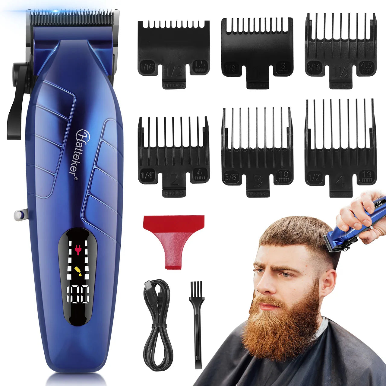 Tondeuse à cheveux électrique pour homme HATTEKER HT-6036 bleue, sans fil et rechargeable par USB