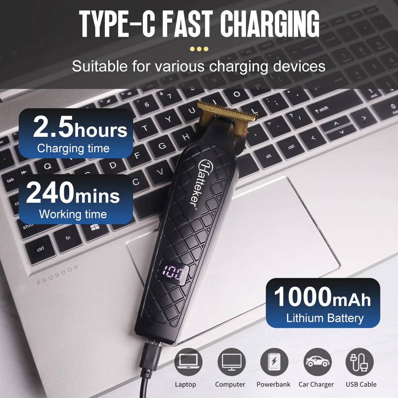 Tondeuse à cheveux Hatteker silencieuse avec chargement USB