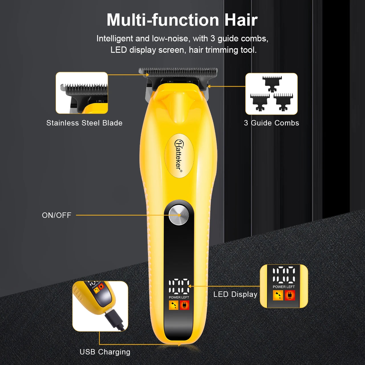 Tondeuse à cheveux électrique rechargeable Hatteker HT-6117 pour hommes, sans fil, de qualité professionnelle, avec lames réglables