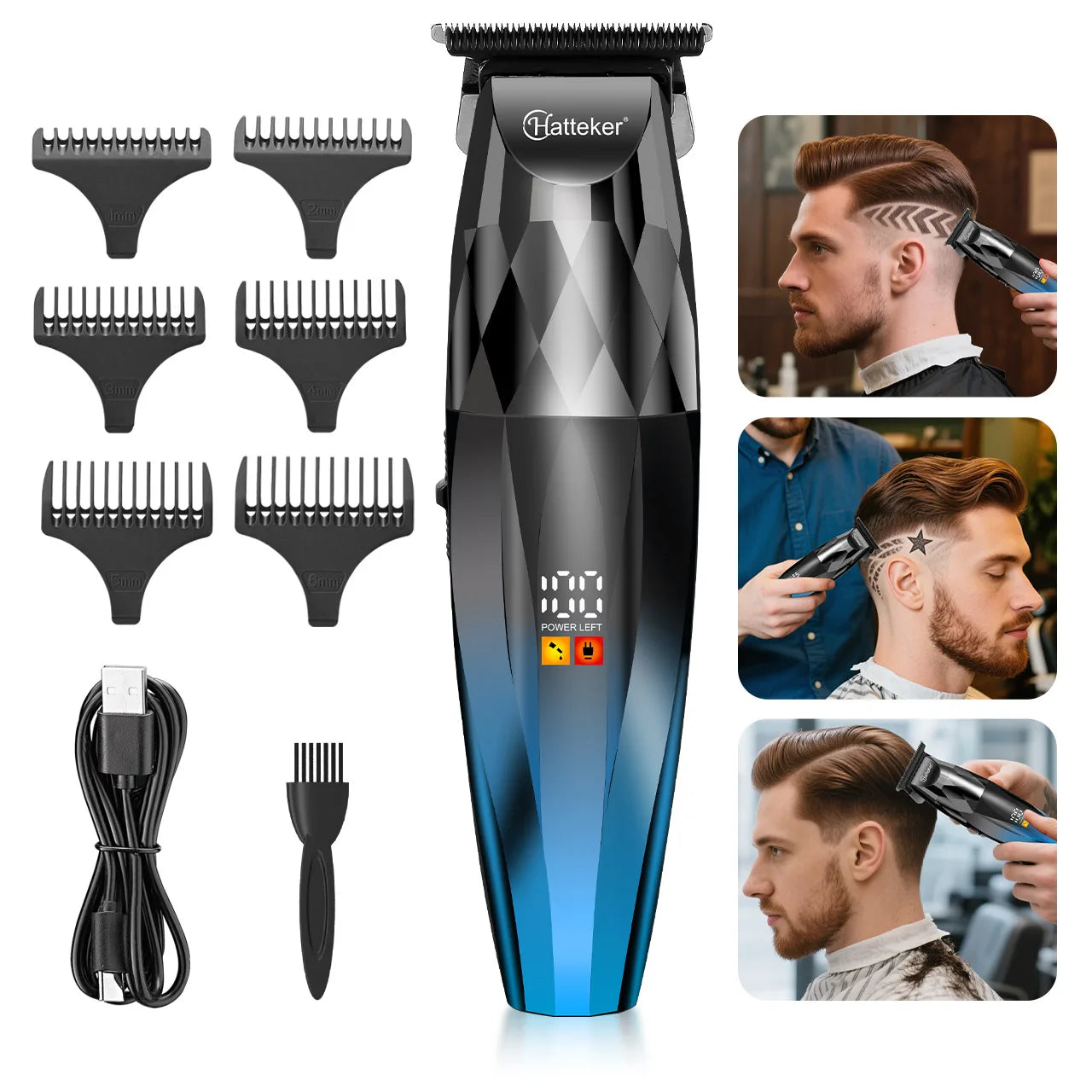 Tondeuse à cheveux électrique professionnelle sans fil Hatteker HT-6126 avec fonction barbe et styler, affichage numérique LED, pour hommes