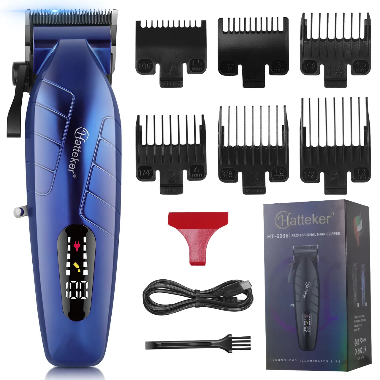 Tondeuse à cheveux électrique pour homme HATTEKER HT-6036 bleue, sans fil et rechargeable par USB