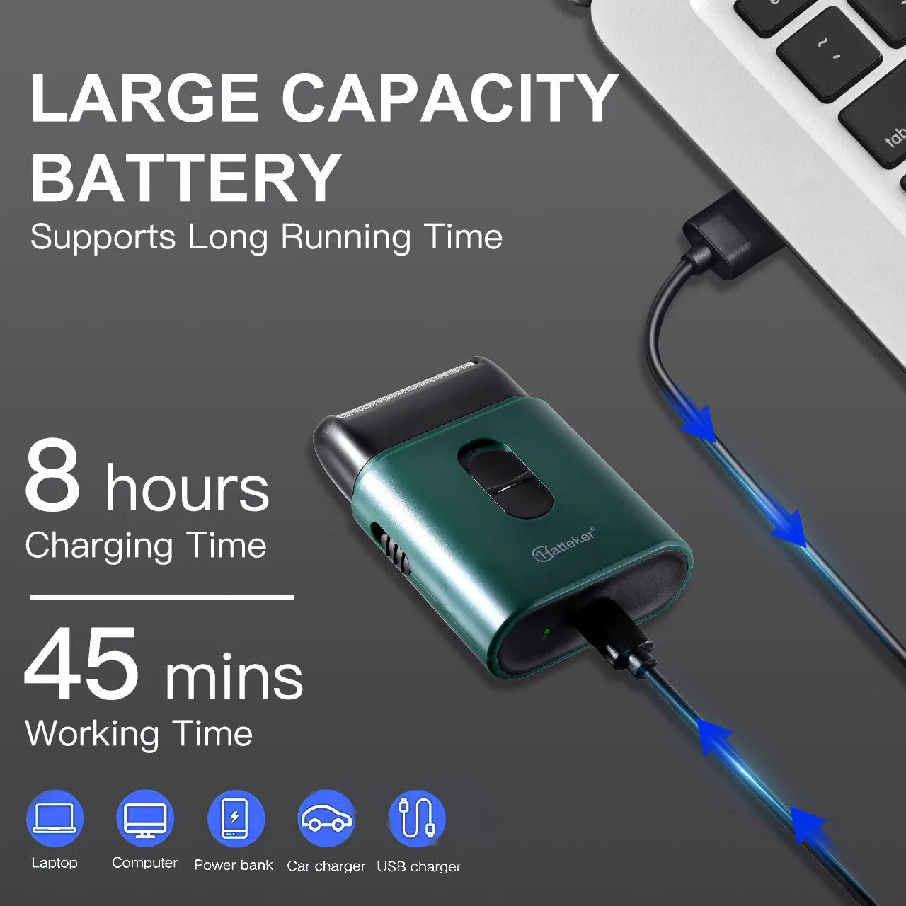 Rasoir électrique Hatteker petit format, rechargeable par USB, puissant et au style rétro.