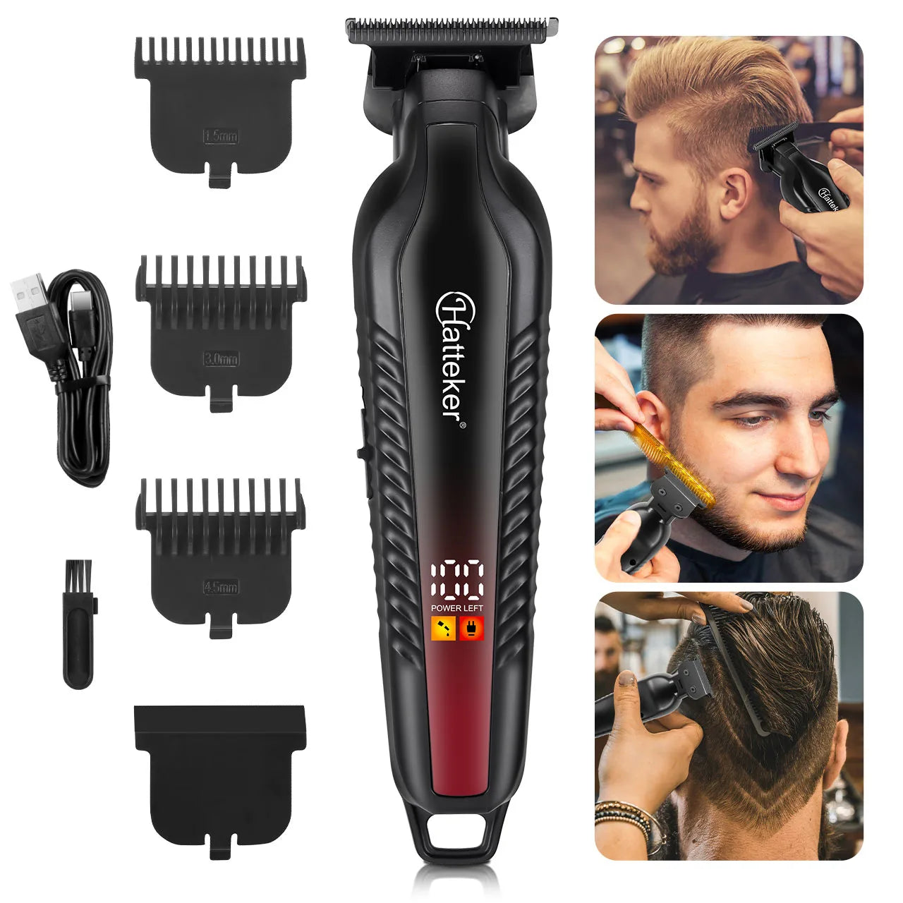 Kit de coupe de barbe professionnel Hatteker pour barbiers, tondeuse à cheveux sans fil rechargeable par USB