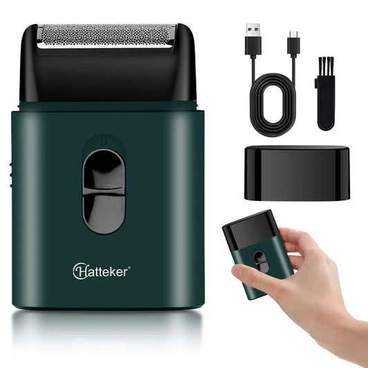 Rasoir électrique Hatteker petit format, rechargeable par USB, puissant et au style rétro.