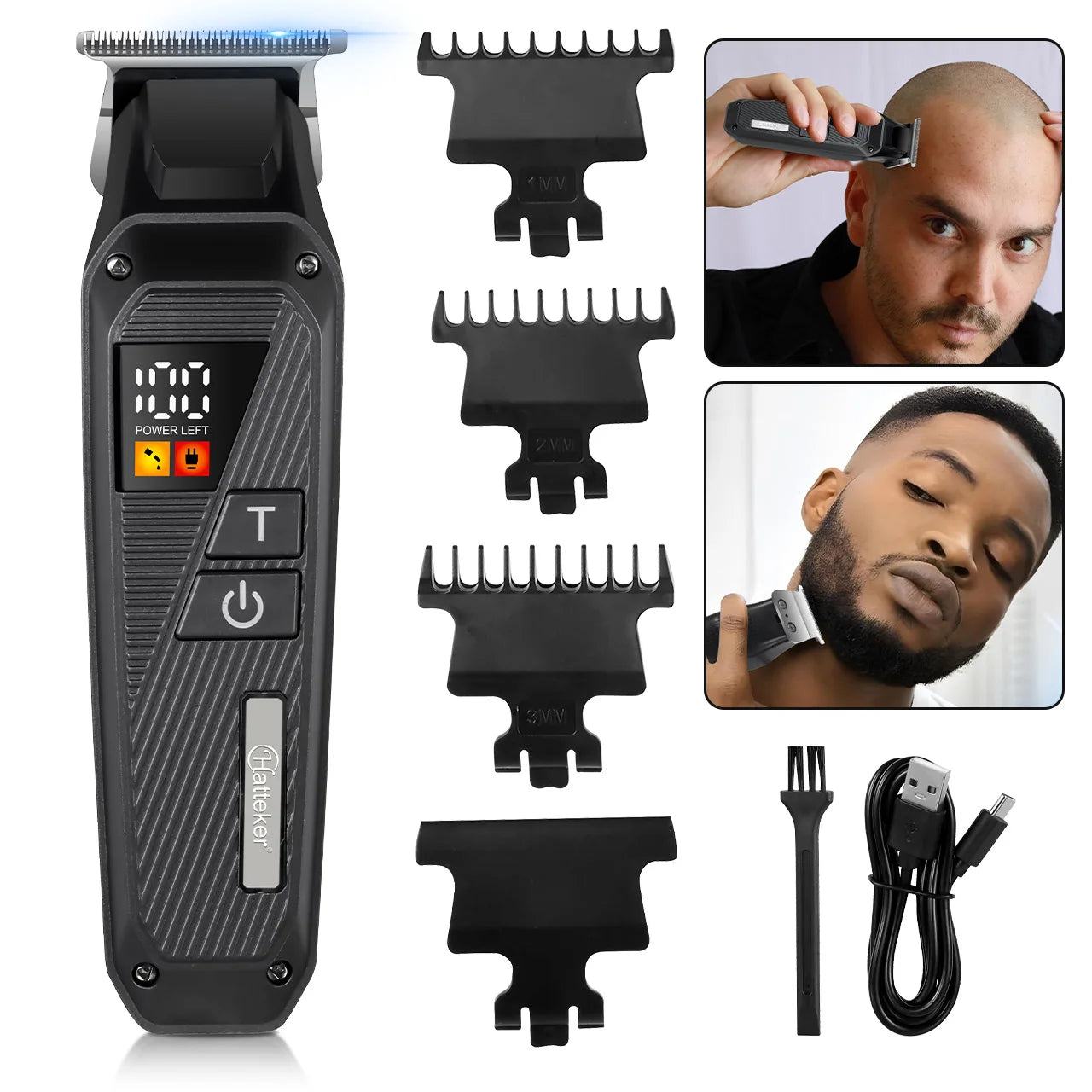 Tondeuse à cheveux électrique professionnelle Hatteker noire avec écran LCD et chargeable par USB, à tête huileuse