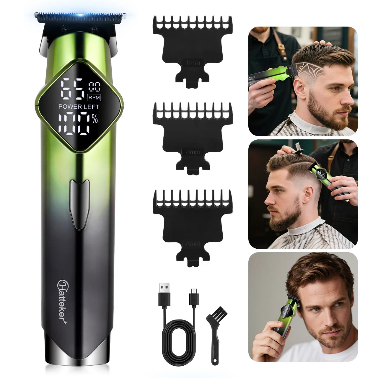 Tondeuse à cheveux électrique Hatteker HT-6132 avec affichage numérique et chargement USB, idéale pour les salons de coiffure.