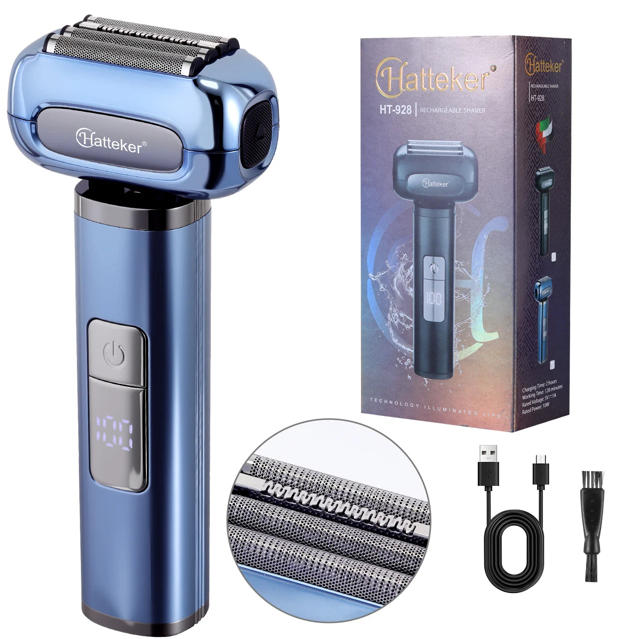 Rasoir électrique rechargeable HATTEKER HT-928 pour hommes, utilisable sur peau sèche ou humide, sans fil, avec lames flottantes et écran LED.