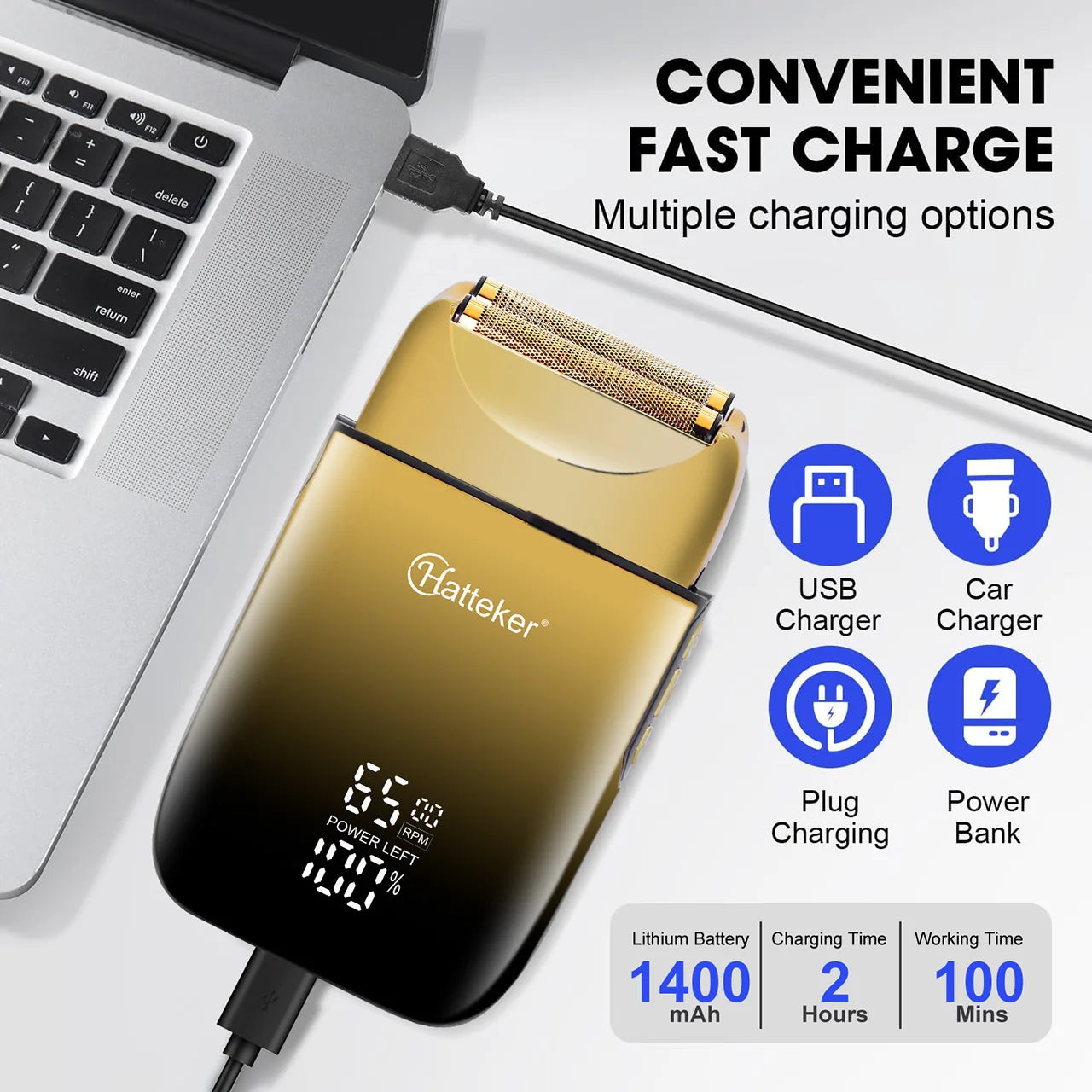 Rasoir électrique à grille double couche rotatif et rechargeable USB Hatteker pour crânes chauves - Rasoir électrique pour hommes