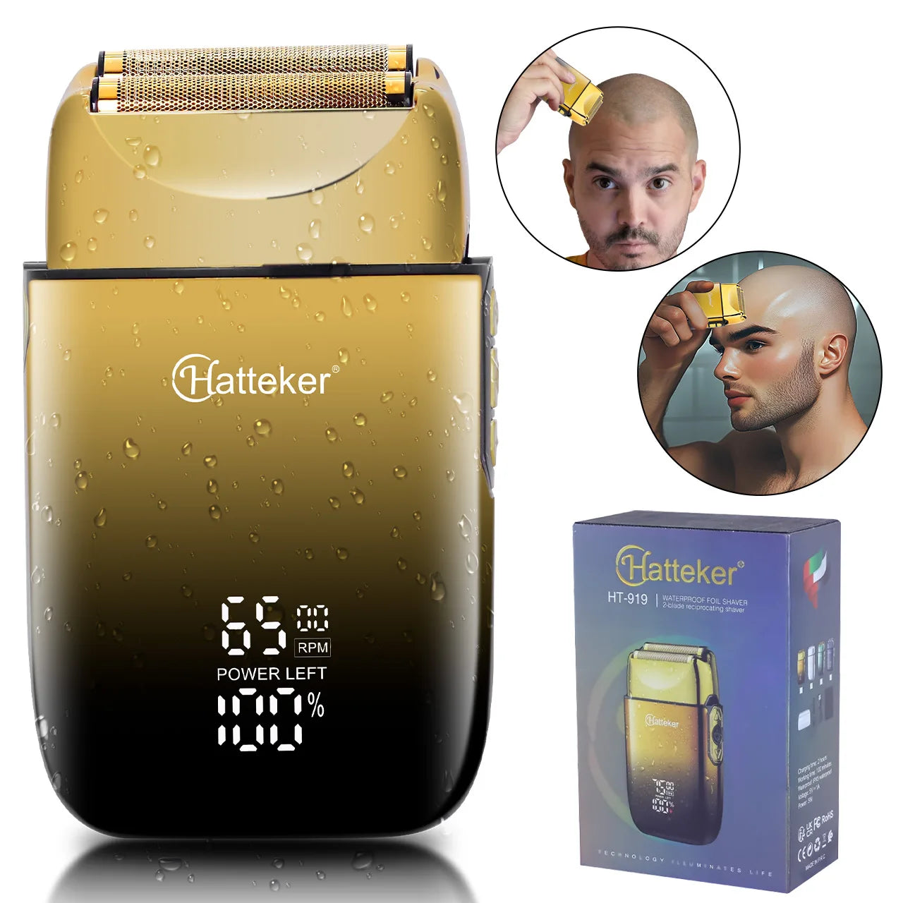 Rasoir électrique à grille double couche rotatif et rechargeable USB Hatteker pour crânes chauves - Rasoir électrique pour hommes