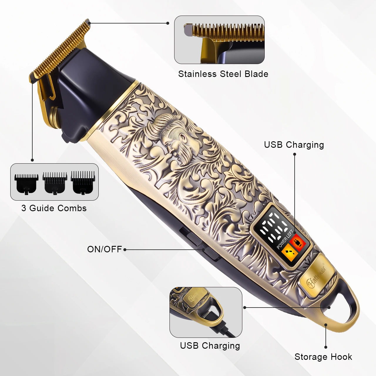 Tondeuse à cheveux électrique portable Hatteker HT-6121 Retro Oil Head pour hommes, rechargeable par USB.