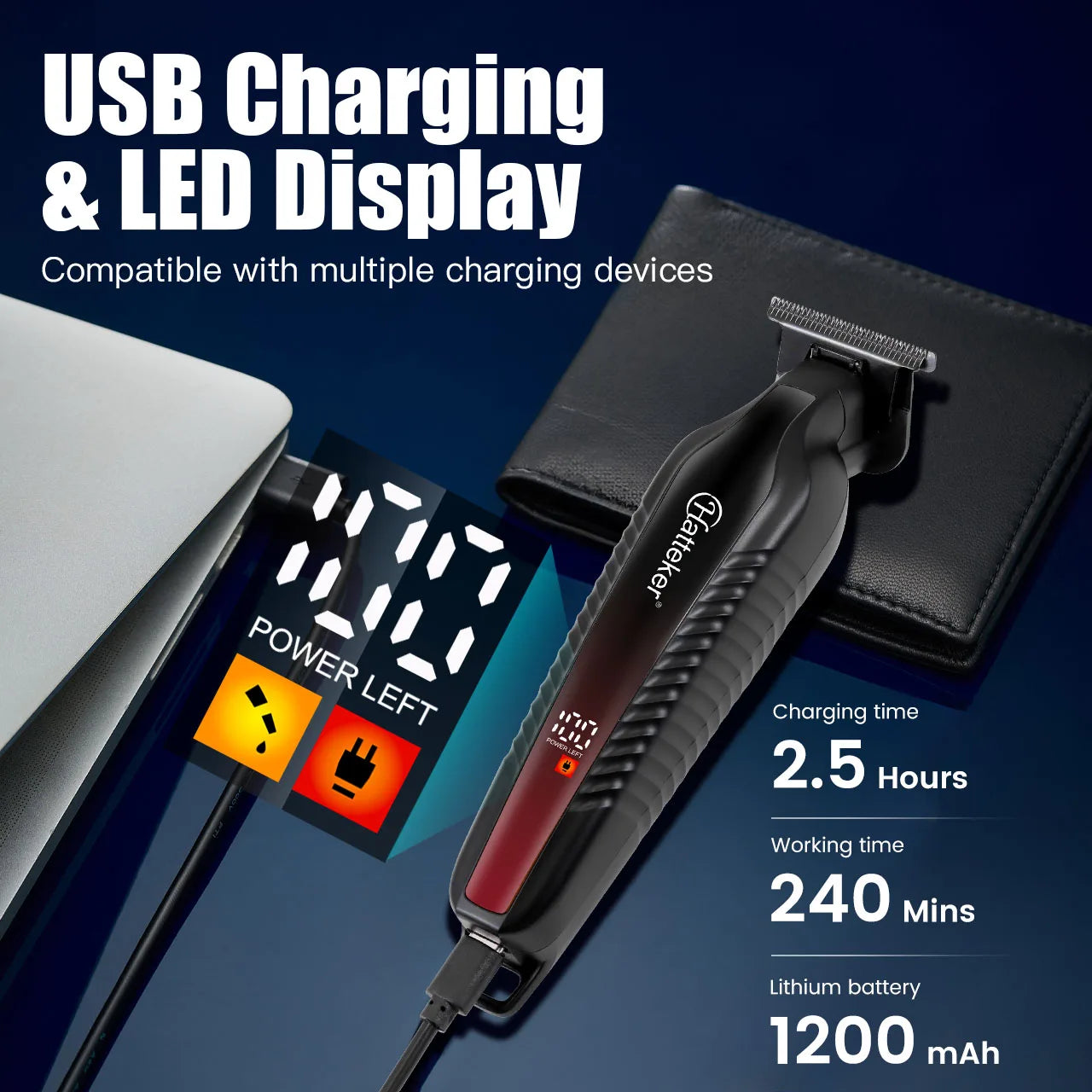 Kit de coupe de barbe professionnel Hatteker pour barbiers, tondeuse à cheveux sans fil rechargeable par USB