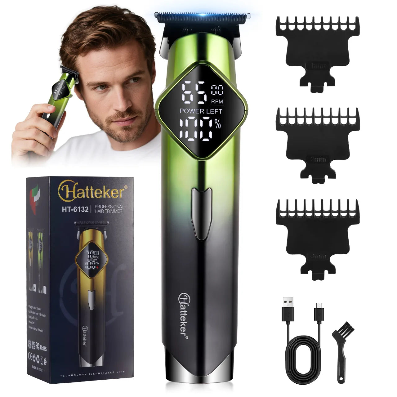 Tondeuse à cheveux électrique Hatteker HT-6132 avec affichage numérique et chargement USB, idéale pour les salons de coiffure.