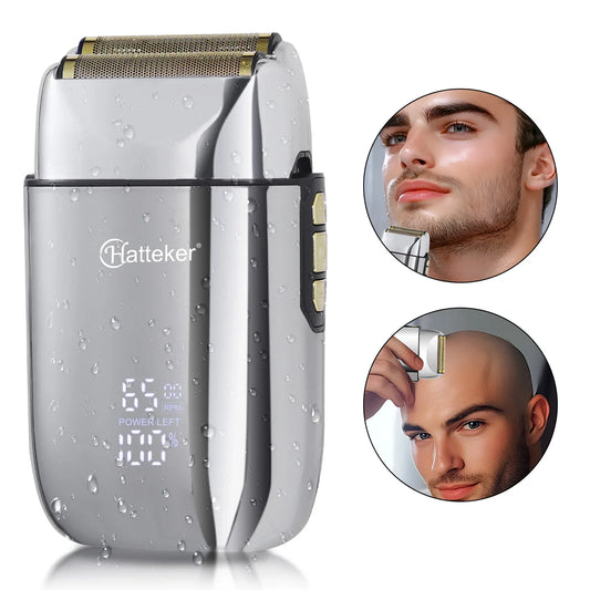 Rasoir électrique Hatteker à mouvement alternatif, feuille d'or, pour crâne rasé, étanche et rechargeable par USB.