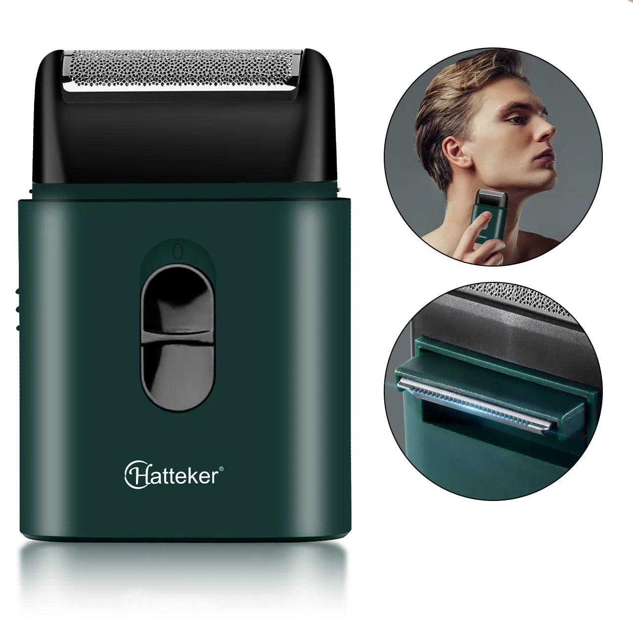 Rasoir électrique Hatteker petit format, rechargeable par USB, puissant et au style rétro.