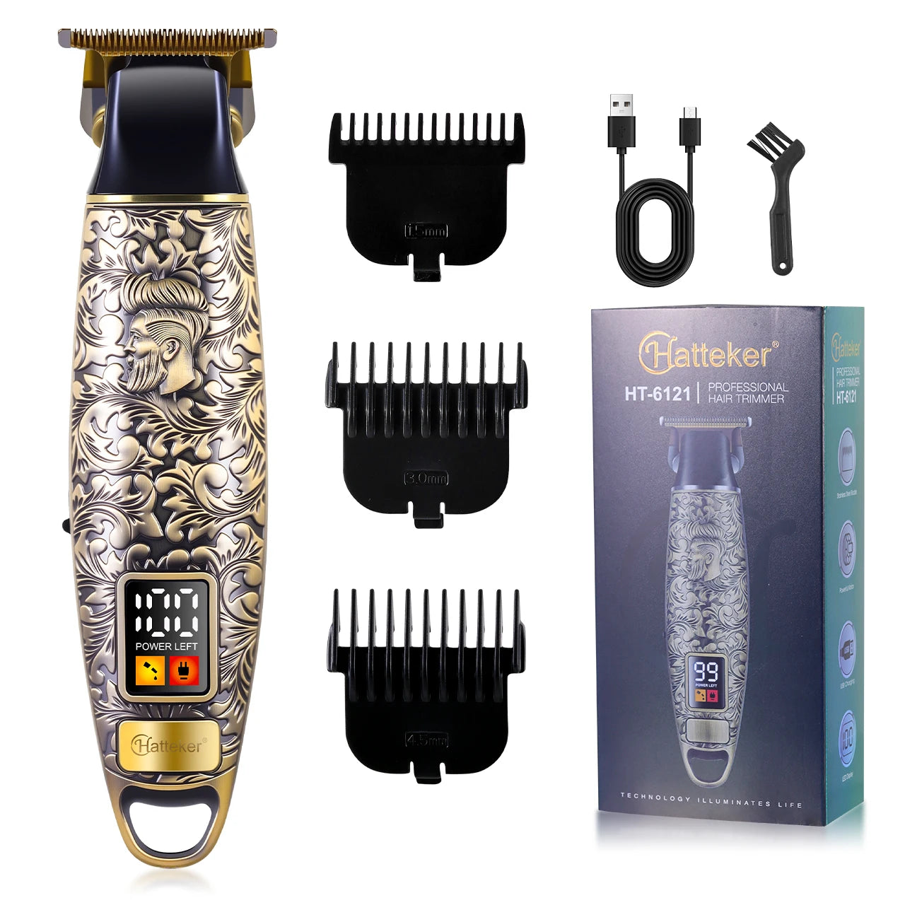 Tondeuse à cheveux électrique portable Hatteker HT-6121 Retro Oil Head pour hommes, rechargeable par USB.