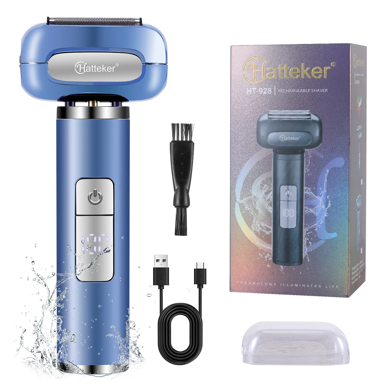 Rasoir électrique rechargeable HATTEKER HT-928 pour hommes, utilisable sur peau sèche ou humide, sans fil, avec lames flottantes et écran LED.