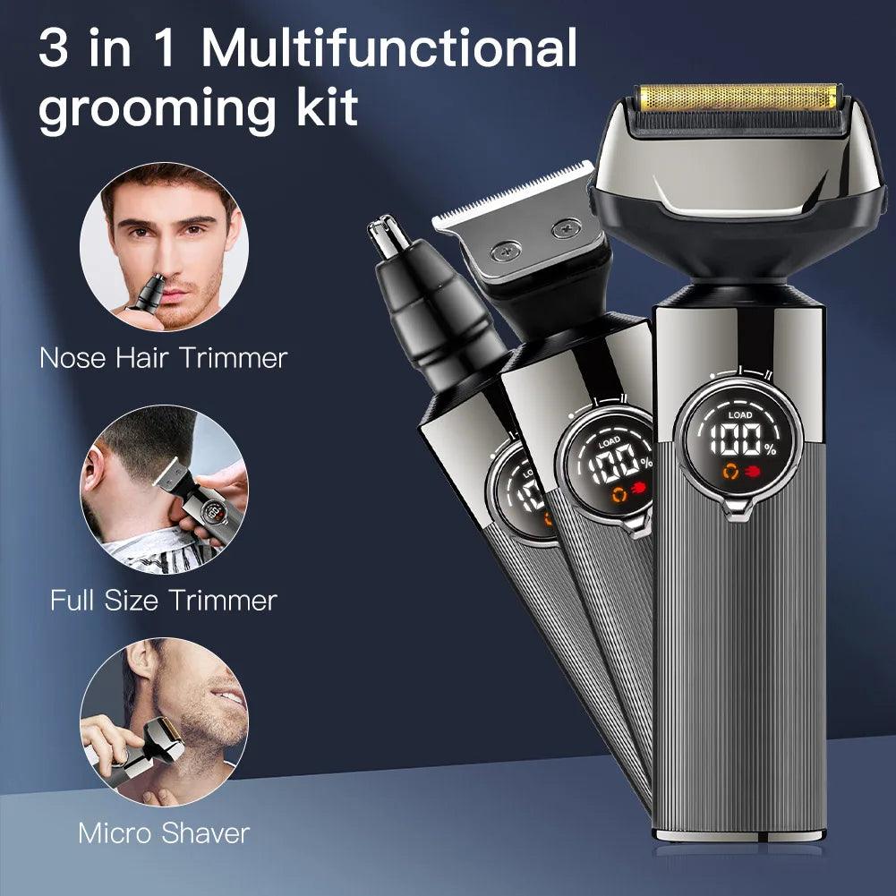 Electric shaver 3 in 1 beard grooming set for men waterproof cordless hair trimmer USB charging nose trimmer - HATTEKER