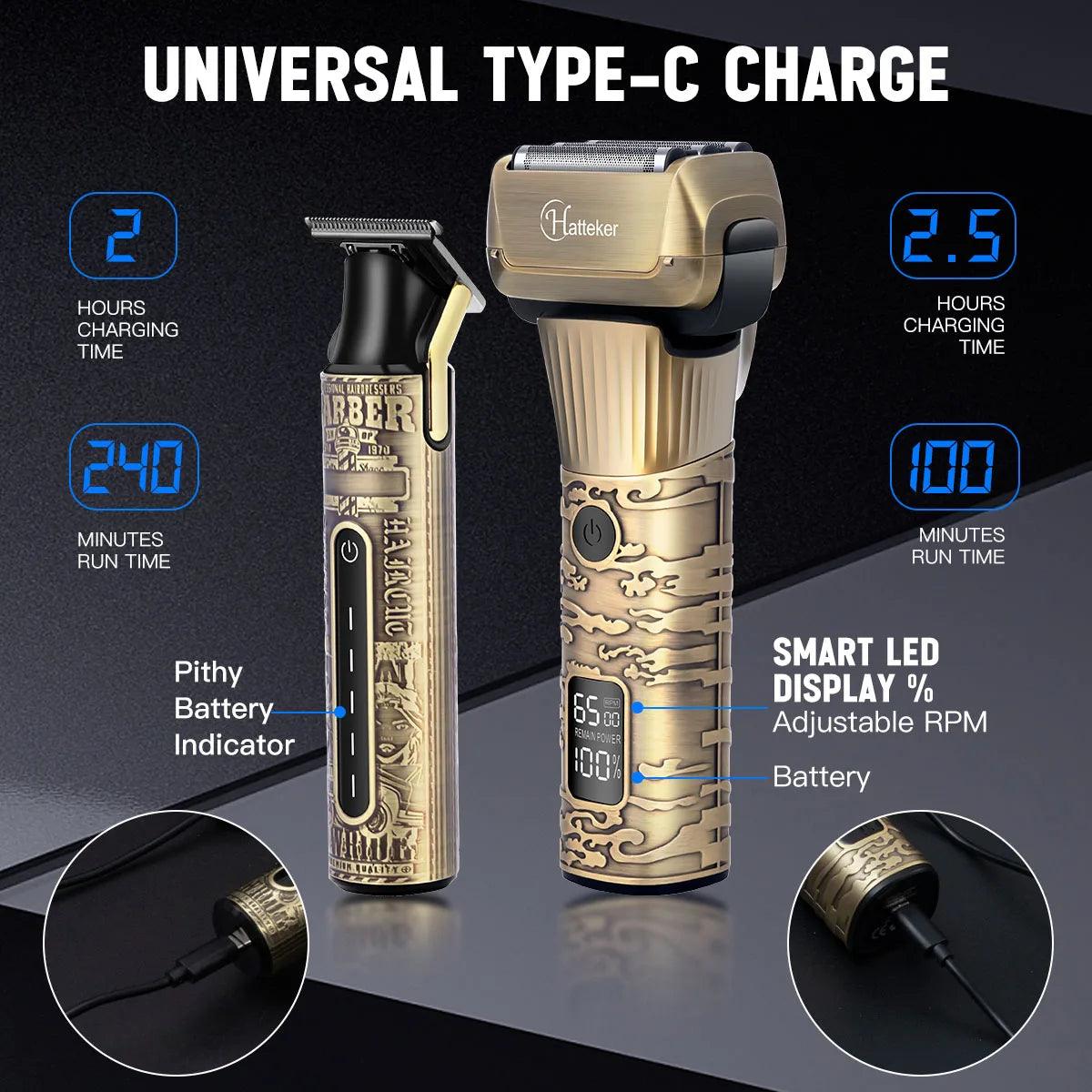 Hatteker Hair Clipper Set - Triple Foil Shaver & Crew Cut Trimmer, USB Charging - HATTEKER