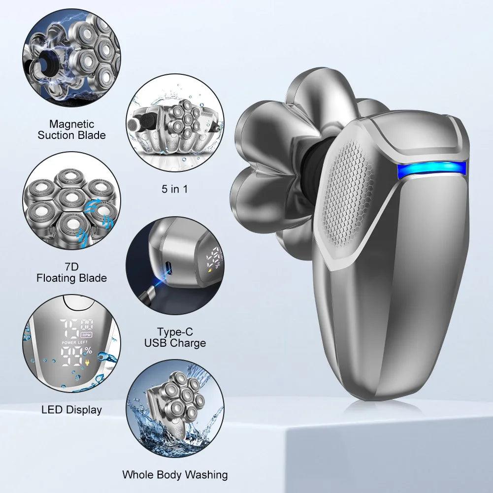 7D Floating heads Electric Razor for Men Upgrade 5 in 1 Shavers Multifunctional Bald Head - HATTEKER