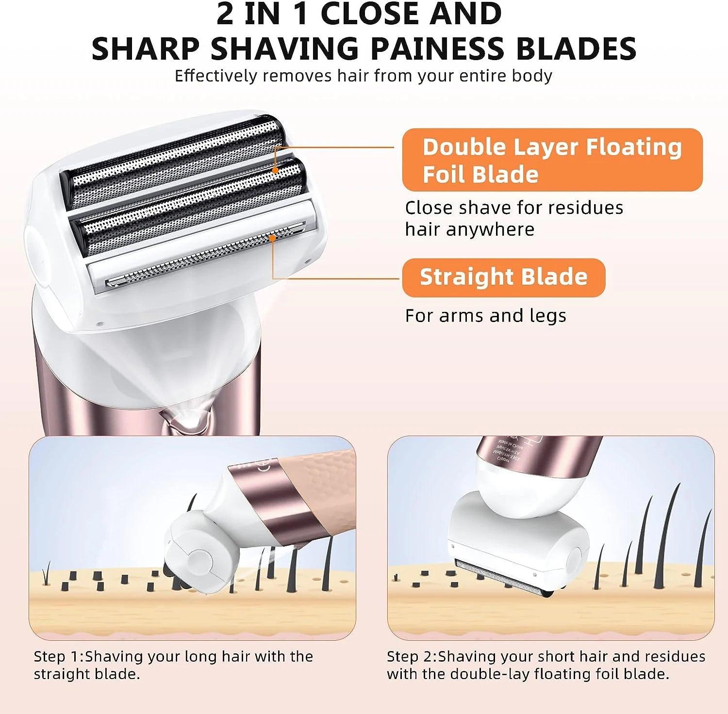 Electric Hair Removal for Women 3 in 1 Epilator Shaver for Legs Arms Underarms Bikini Public Hair Wet Dry Rechargeable - HATTEKER