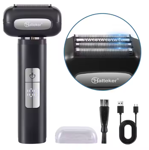 Rasoir électrique rechargeable HATTEKER HT-928 pour hommes, utilisable sur peau sèche ou humide, sans fil, avec lames flottantes et écran LED.