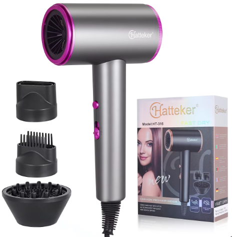 Sèche-cheveux Hatteker Black à ions négatifs, réglage multi-étapes, puissant