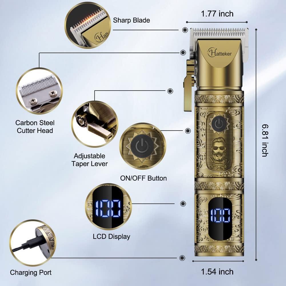 Hatteker Professional Cordless Hair Trimmer & Beard Shaver | Gold Grooming Kit with LED Display - HATTEKER