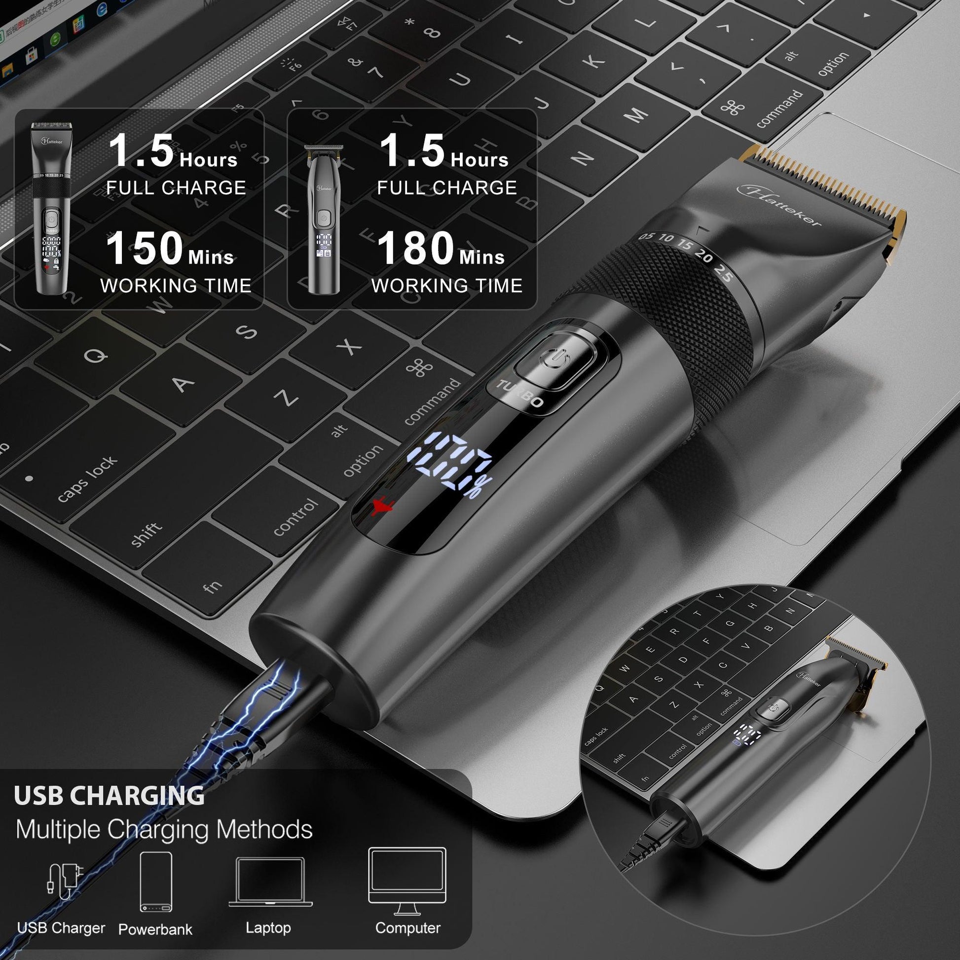 HATTEKER Hair Clippers and T-Blade Set Trimmer Kit Cordless Beard Barber Clipper Hair Cutting Kit Grooming Kit Waterproof - HATTEKER