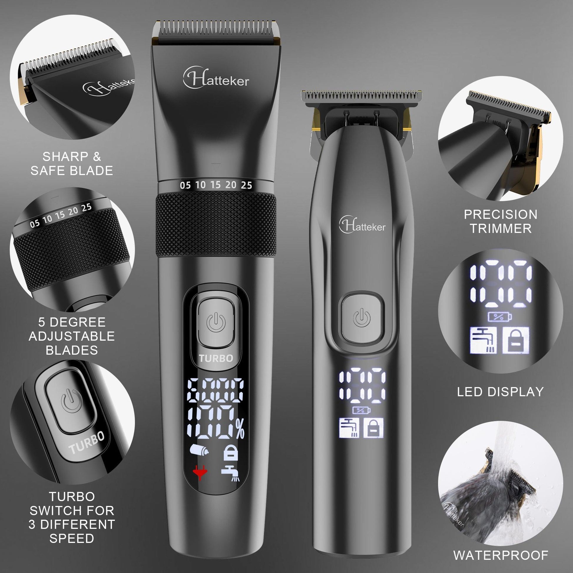 HATTEKER Hair Clippers and T-Blade Set Trimmer Kit Cordless Beard Barber Clipper Hair Cutting Kit Grooming Kit Waterproof - HATTEKER
